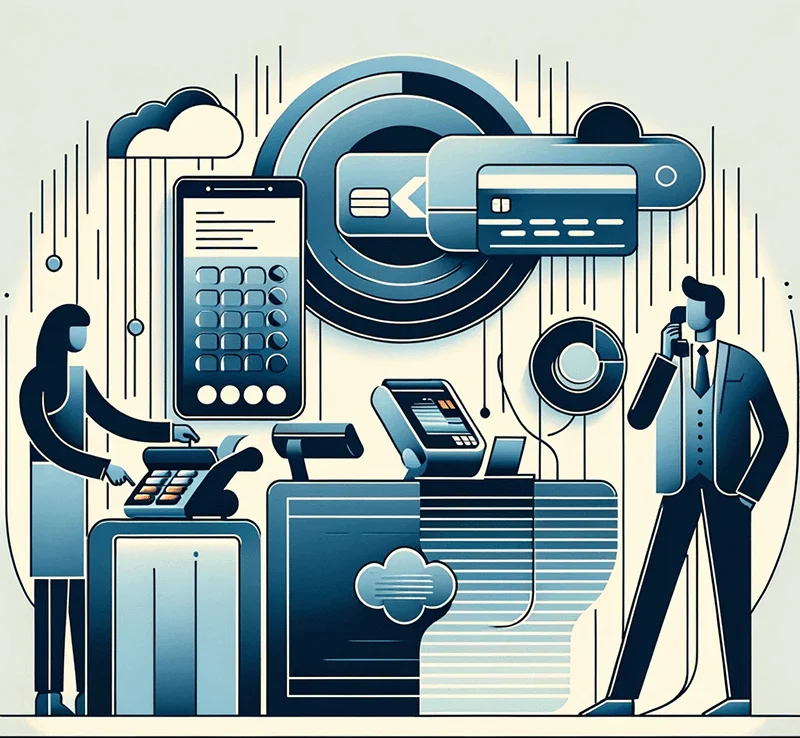 a depiction of a business owner making a call for a merchant account voice authorization