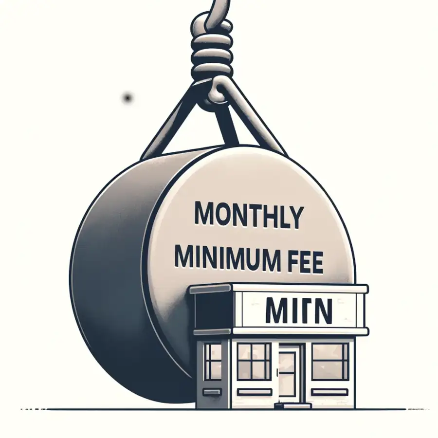 Here's a simple illustration depicting the concept of a monthly minimum fee as a heavy weight hanging over a small store.