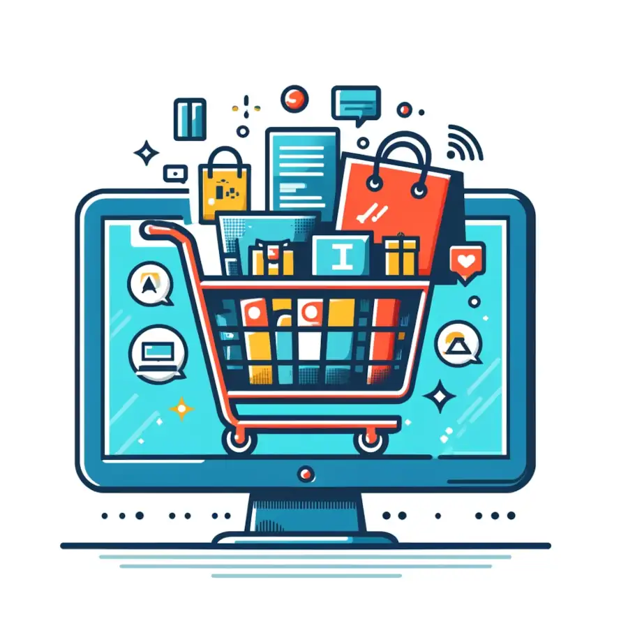Here is the illustration of an online shopping cart, designed in a colorful and modern style.
