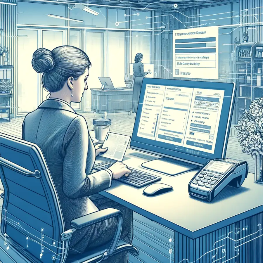 Here is an illustration depicting a merchant account virtual terminal in a modern office setting,