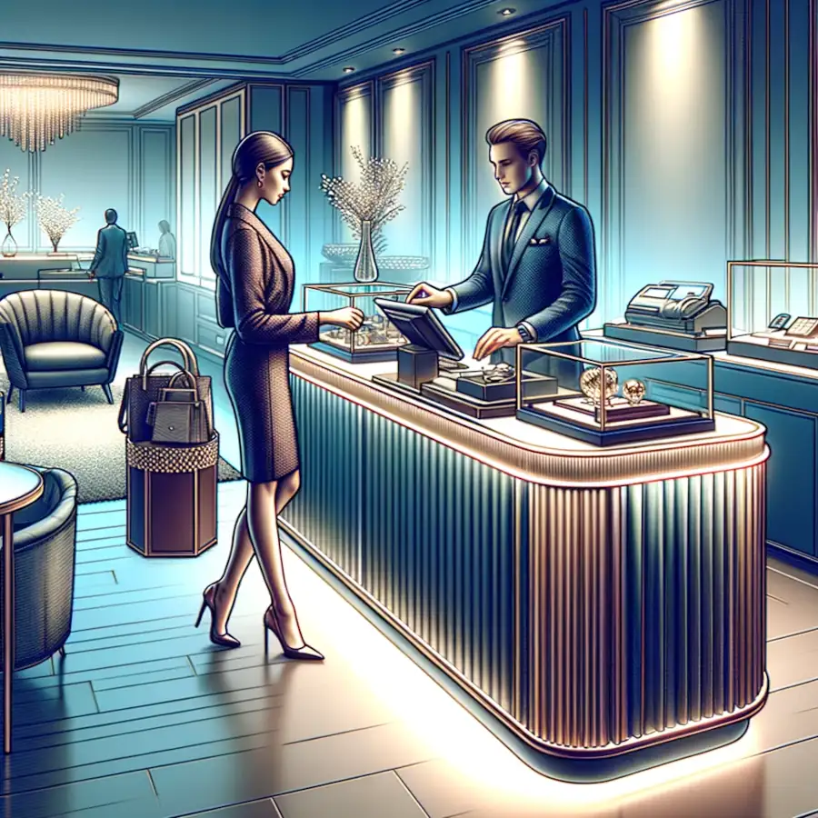 Here is the illustration depicting a high-ticket transaction in a luxurious retail setting.