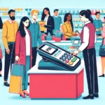 Here's an illustration depicting a PIN Debit transaction in a busy retail environment