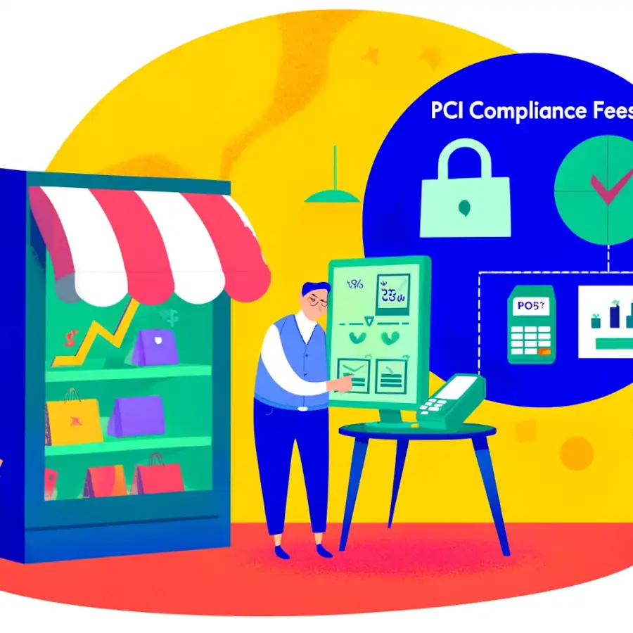 Here's an illustration depicting a business owner looking at a computer screen with charts and graphs about PCI Compliance Fees