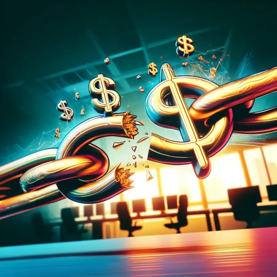 Here is the illustration depicting the concept of Early Termination Fees, designed with visual symbols only and without any text. This image features a broken chain link with stylized dollar signs, set against a blurred business office background