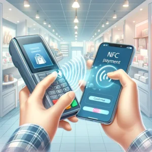 Here is an illustration depicting NFC payments, showing a customer using a smartphone at a payment terminal.