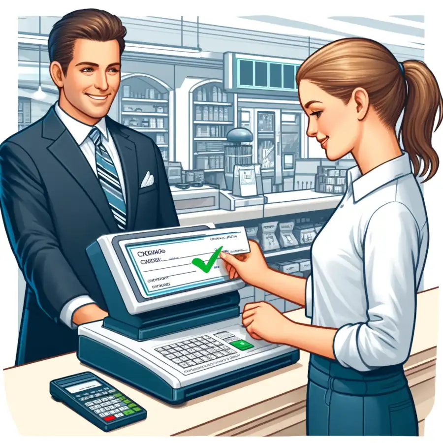 Here is an illustration depicting a cashier at a retail store accepting a check from a customer, with the check guarantee indicated by a green check mark on the scanner's display
