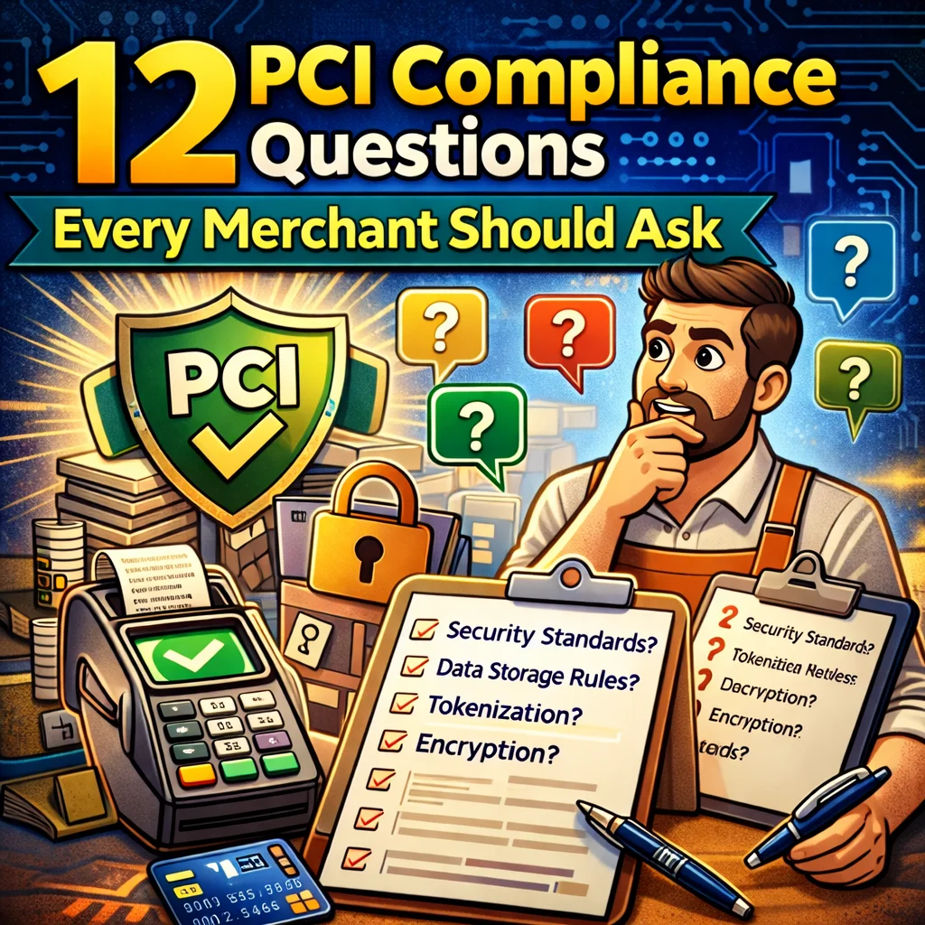 graphic depicting a business owner asking questions about PCI Compliance