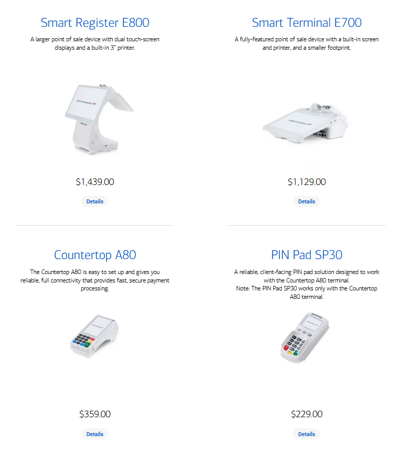 a screen capture showing examples of payment hardware and pos systems offered by bank of america