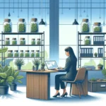 Here is the illustration depicting the concept of Kratom merchant accounts, set in a modern, nature-inspired office.