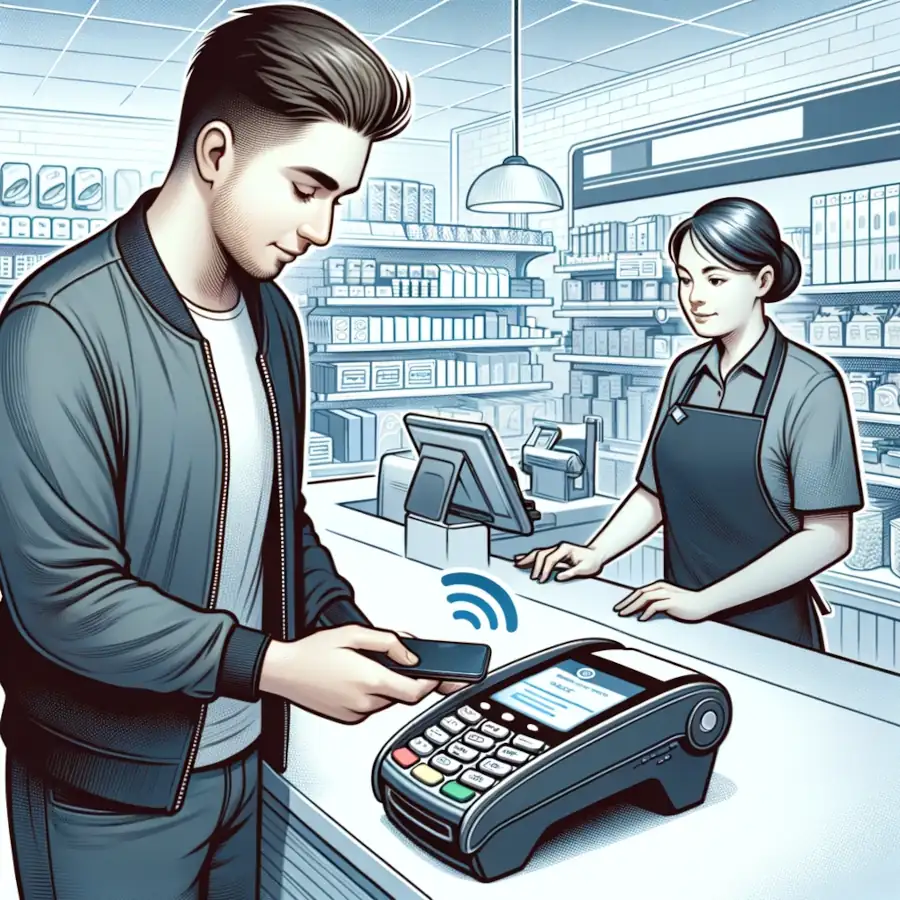 Here is the illustration depicting the use of a cell phone for payment in a contemporary retail store.