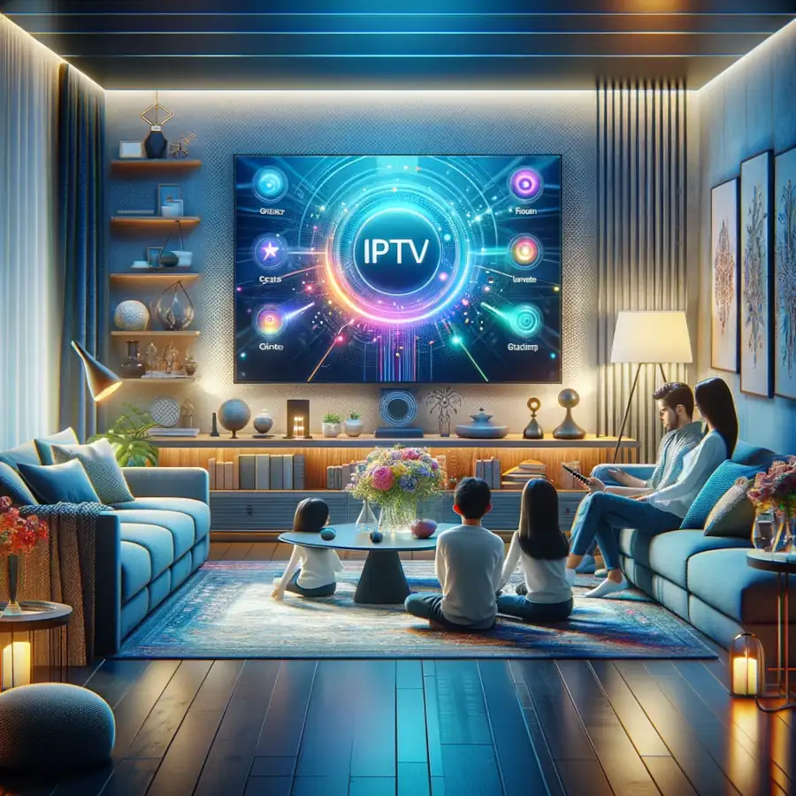 Here is the illustration of a modern living room setting featuring IPTV technology.