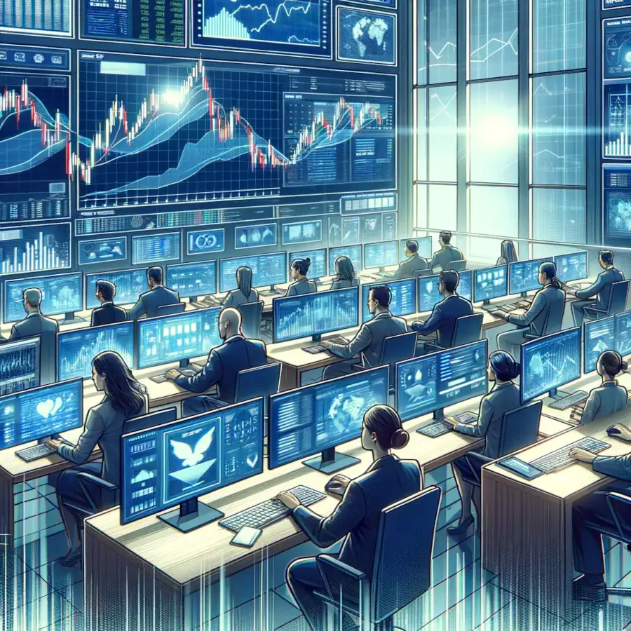 Here is the illustration depicting high volume merchant accounts, set in a dynamic and fast-paced office environment.