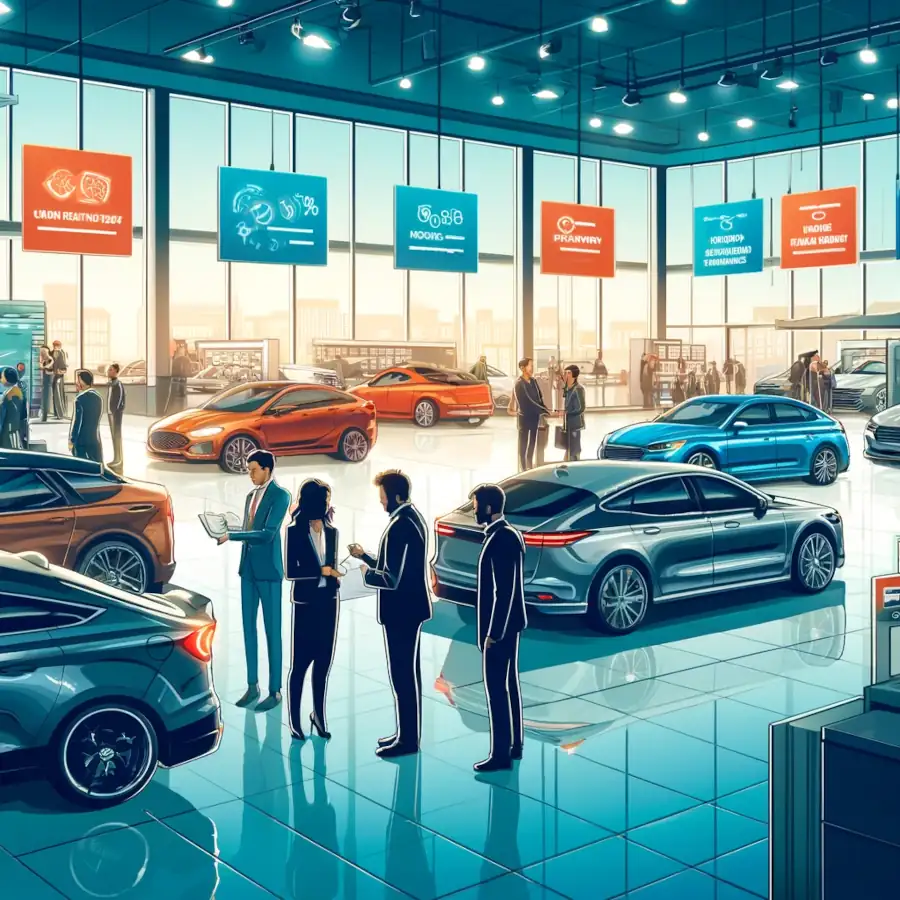 Here is the illustration of a bustling car dealership, depicted in a modern and vibrant style.