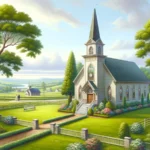 Here is the illustration of a traditional church set in a peaceful rural landscape.