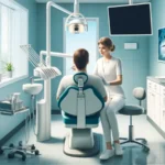 Here is the illustration of a modern dental office, designed in a clean and professional style.