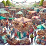 Here is the illustration of a bustling flea market, depicted in a colorful and eclectic style.