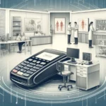 Here is the illustration representing a healthcare merchant account concept, depicting a hospital reception area equipped with modern technology and a professional environment.