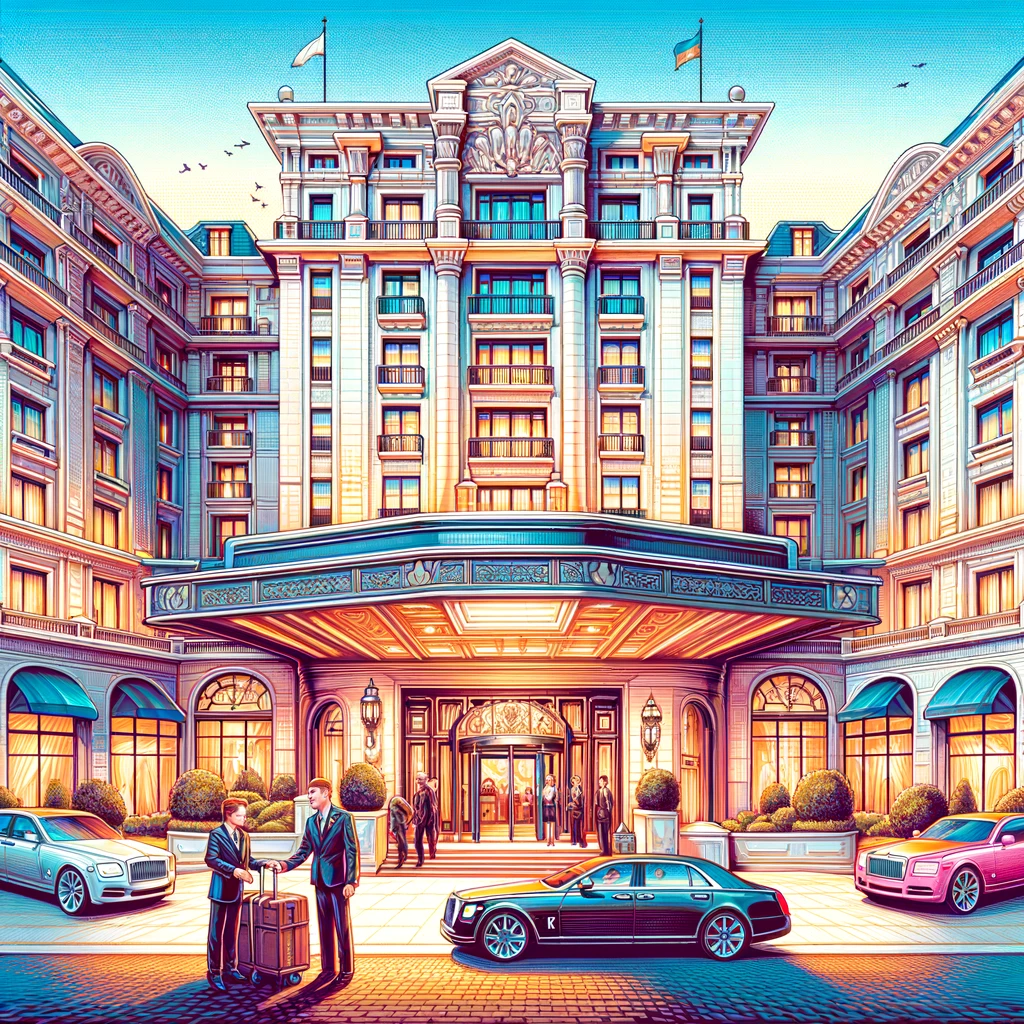 Here is the illustration of a luxury hotel facade, depicted in a vibrant and elegant style.