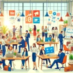 Here is the illustration of a bustling marketing firm office.