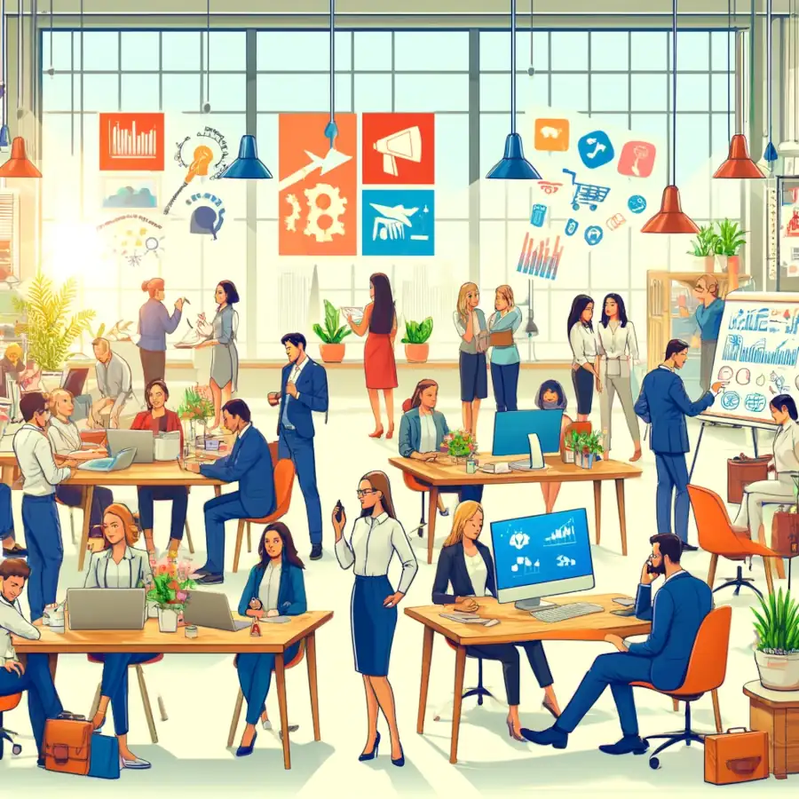 Here is the illustration of a bustling marketing firm office.