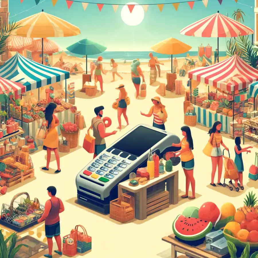 Here is the illustration depicting a seasonal merchant account concept, set in a lively outdoor summer market. 