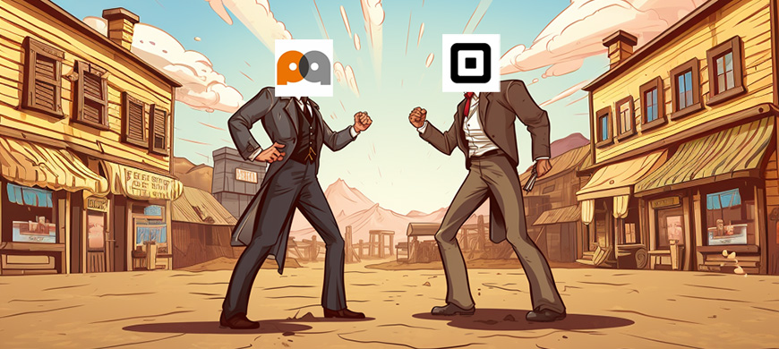 payanywhere vs square logos depicted as an old western duel