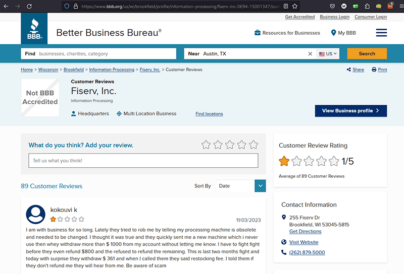 a screen capture showing fiserv's bbb rating