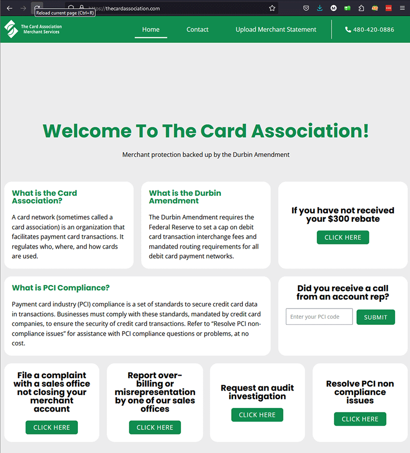 a screen capture of the card association merchant services website