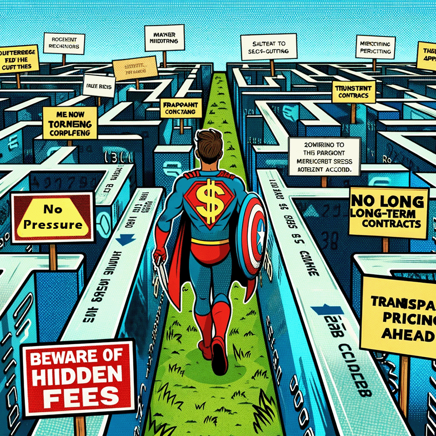 image of a super hero navigating a maze of merchant account scam such as hidden fees and long term contracts