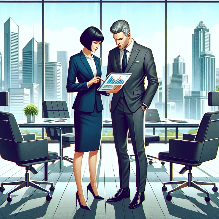 Here is the illustration of two business consultants engaged in a discussion in a modern office setting.
