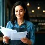 a business owner looking at her merchant account statement with a pleasing grin