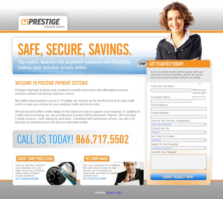 Screen Capture of Prestige Payment Systems Homepage