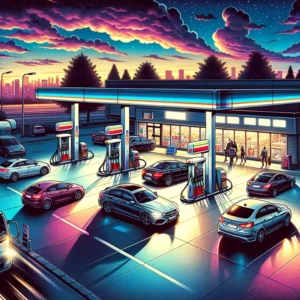 Here is the illustration of a bustling gas station at dusk
