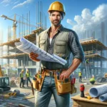 Here is the illustration of a confident contractor at a construction site.