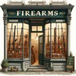 An illustration of a firearms shop, depicted from the outside.