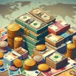 This is an illustration of various currency with bright colors.