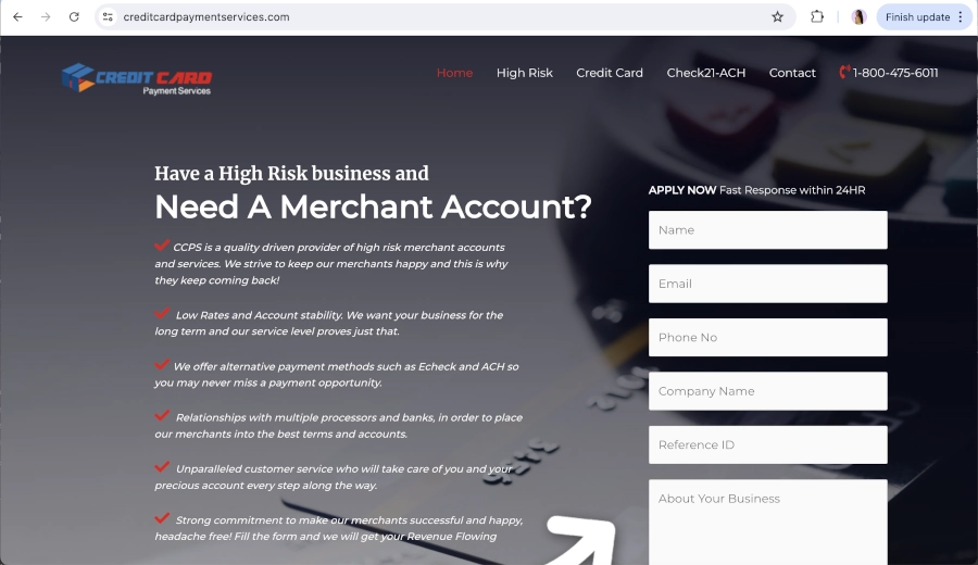 Screen Capture of Credit Card Payment Services Homepage