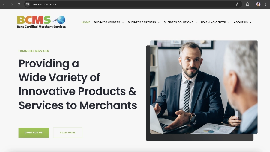 Screen Capture of Banc Certified Merchant Services Homepage