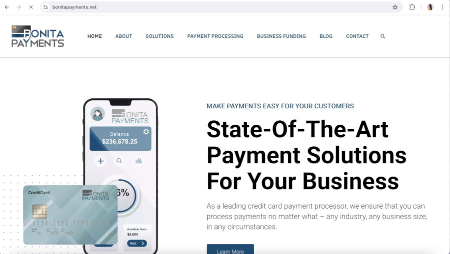 Screen Capture of Bonita Payments Homepage