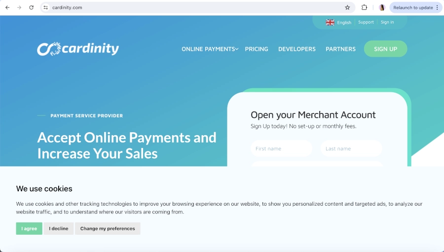 Screen Capture of Cardinity Homepage