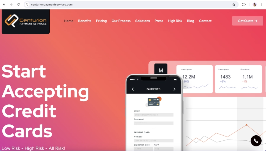 Screen Capture of Centurion Payment Services Homepage