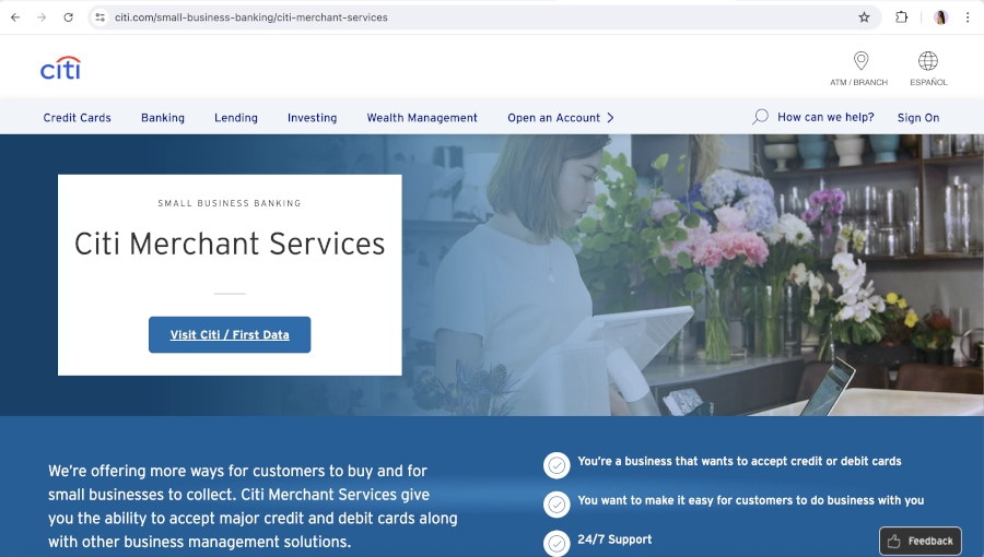 Screen Capture of Citi Merchant Services Homepage