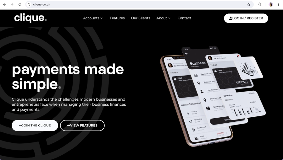 Screen Capture of Clique Payments Homepage