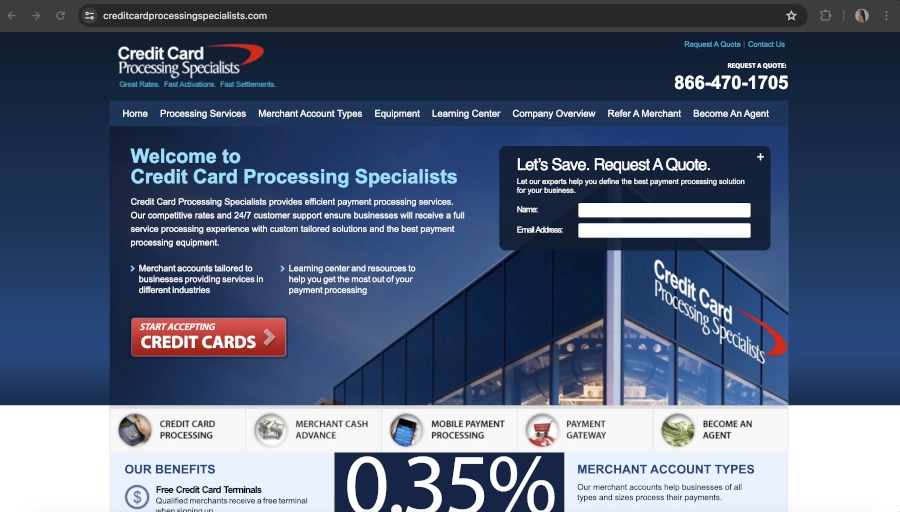 Screen Capture of Credit Card Processing Specialists Homepage