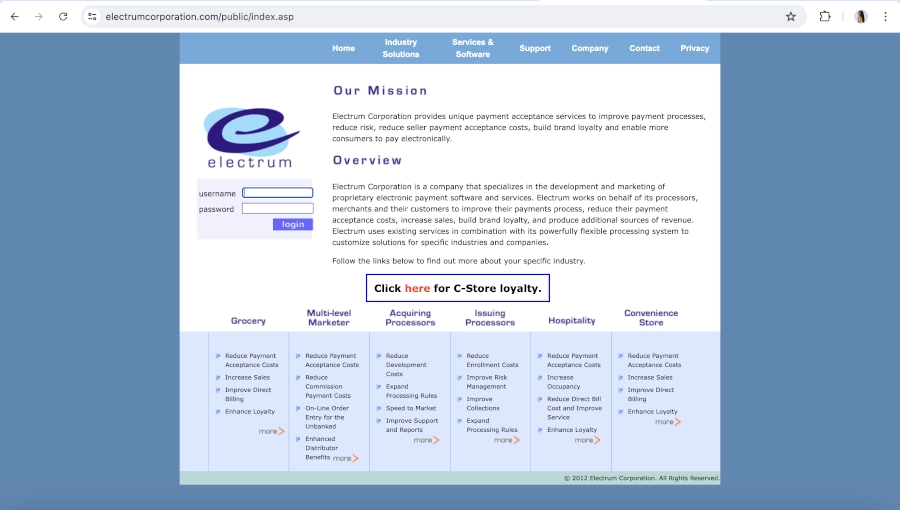 Screen Capture of Electrum Corporation Homepage