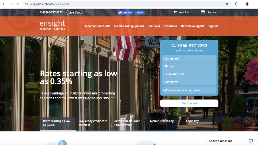 Screen Capture of Ensight Merchant Services Homepage