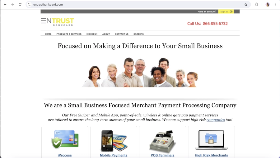 screen capture of the entrust bankcard homepage