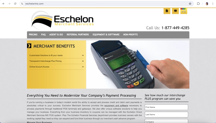 Screen Capture of Eschelon Merchant Services Homepage