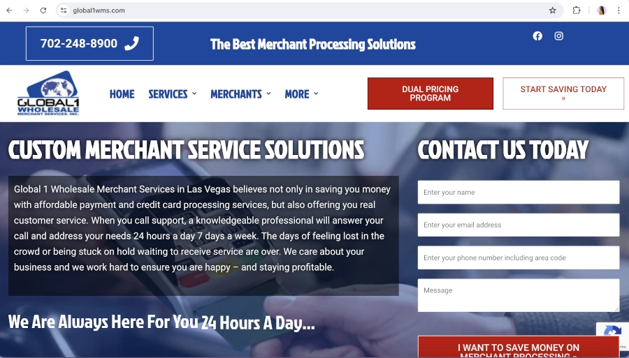 Screen Capture of Global 1 Wholesale Merchant Services Homepage