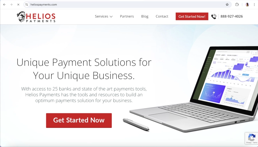 Screen Capture of Helios Payments Homepage